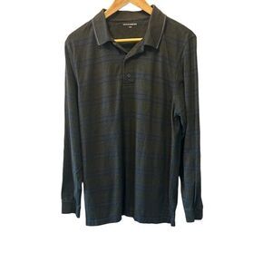 MENS DENVER HAYES Grey & Blue Striped Long Sleeve Cotton Polo Collared Shirt M